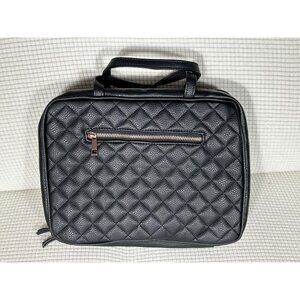 Toiletry Travel Makeup Bag, Black Leather, Red Satin inside, Multi Pocket Bag, N